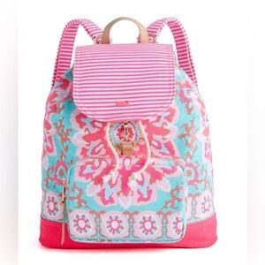 Vineyard vines denim backpack colorful pink tie dye design cinch bag pockets